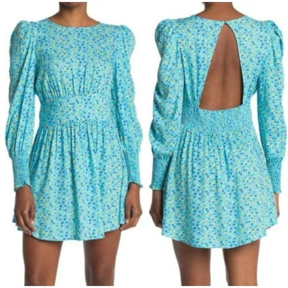 AFRM Blue Ditsy Floral S Dress Small Smocked Open Back Long Sleeve